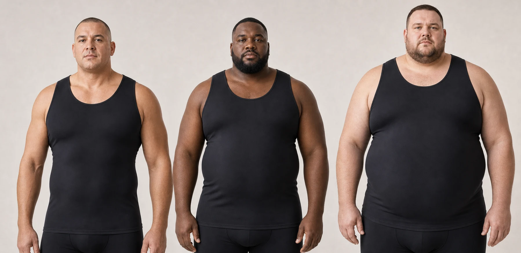 Three men with different big and tall builds, all wearing the Quietfit Big & Tall Builds compression tank, showing a consistent flat fit across sizes