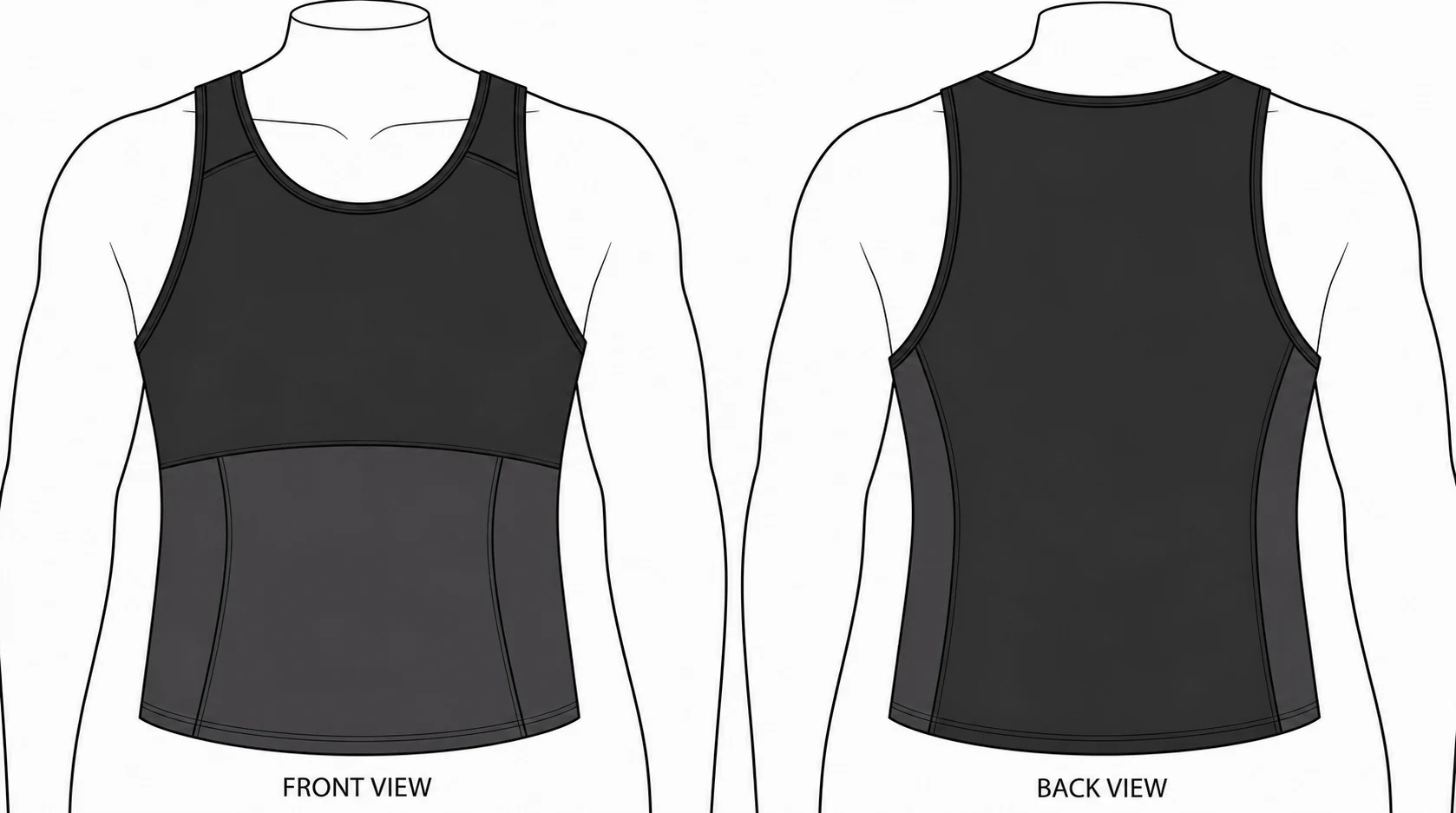 Technical construction diagram of the Big & Tall Builds compression tank showing the wider chest panel and extended torso length