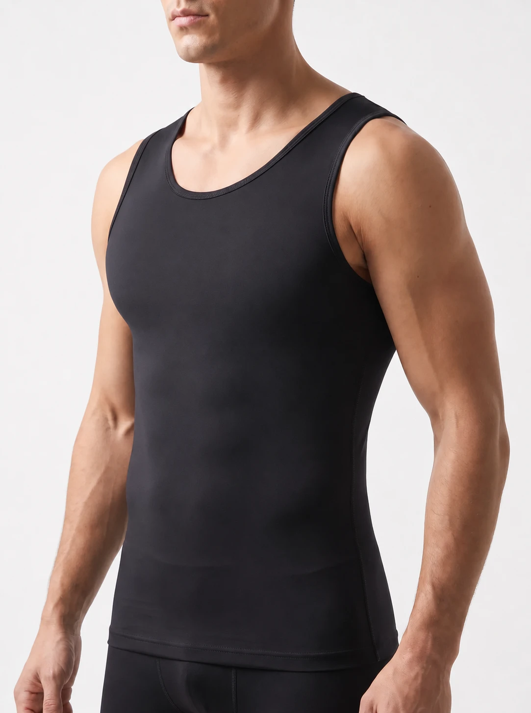 Side angle of a man wearing ContourFit Classic under a fitted shirt, showing the flat compression front