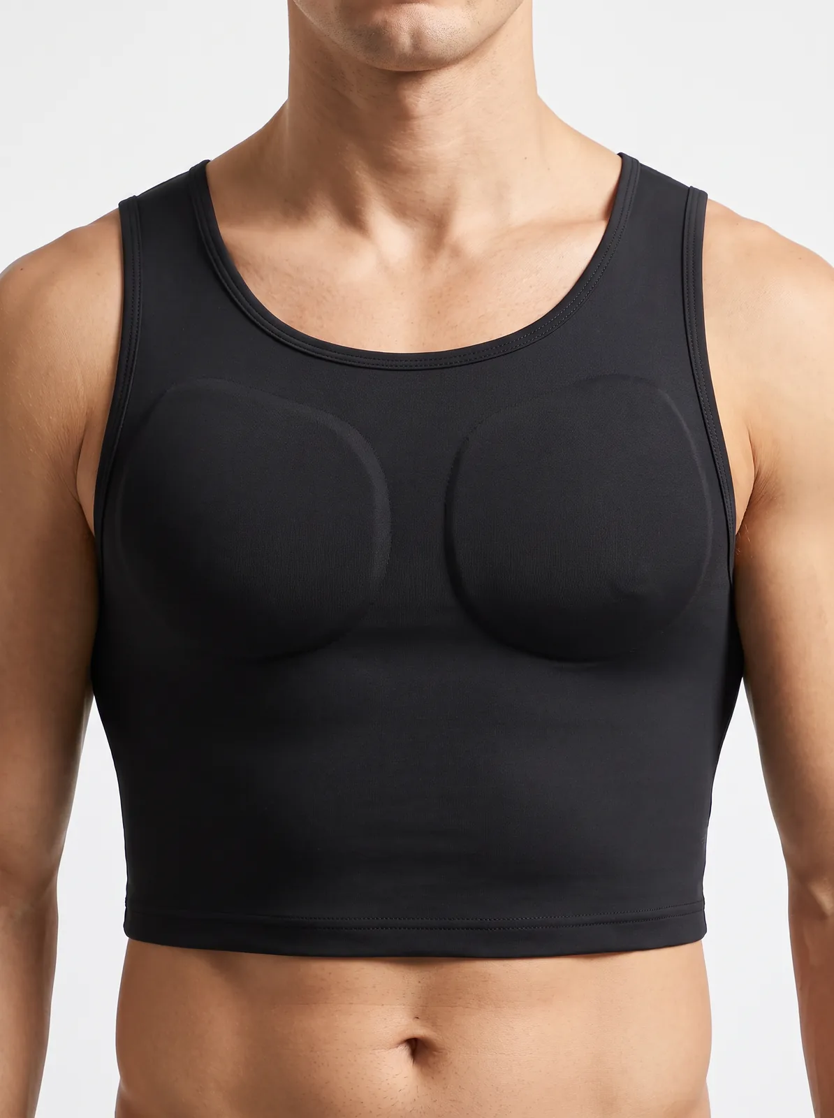 Man wearing the ContourFit Crop Tank showing the molded, contoured chest shape
