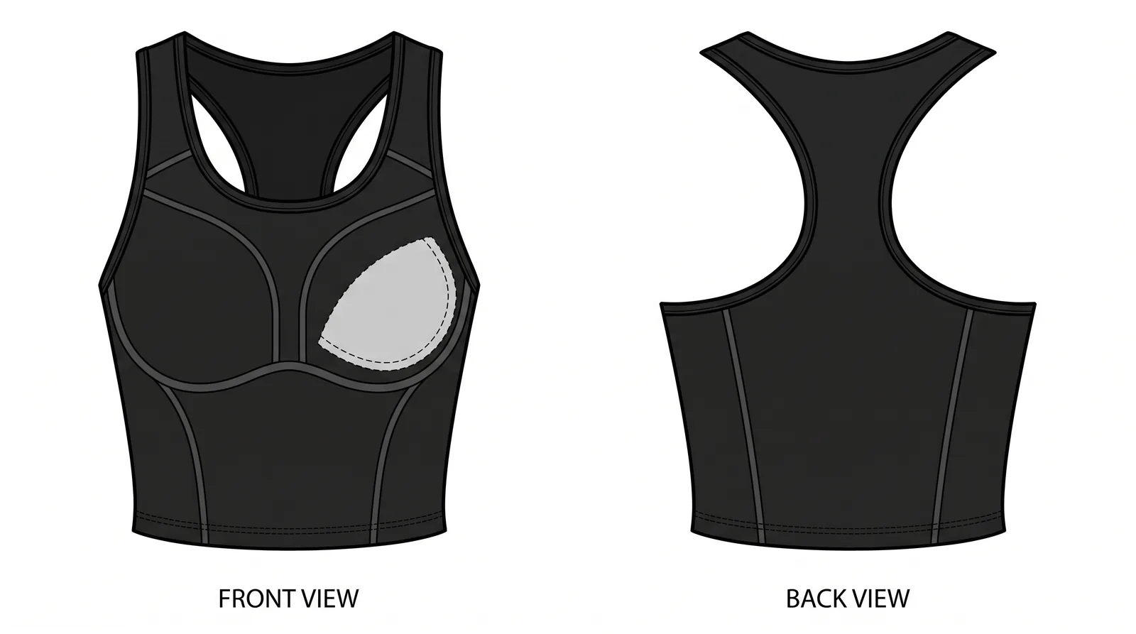Technical flat construction diagram of the ContourFit Crop Tank showing internal cup pocket and transition seam